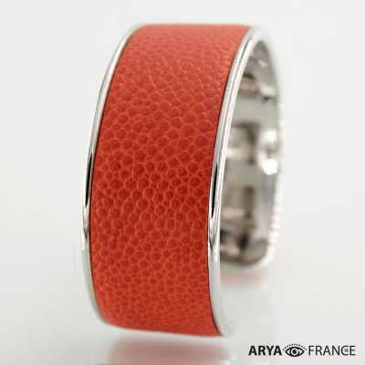 Bracelet Orange -finition argenté rhodié - cuir EPV de luxe taurillon grainé galuchat