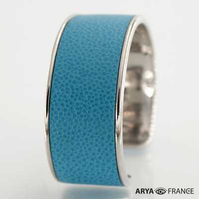 Bracelet Bleu arctique - finition argenté rhodié - cuir EPV de luxe taurillon grainé galuchat