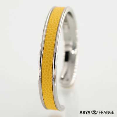 Bracelet Jaune citron - finition argenté rhodié - cuir EPV de luxe taurillon grainé galuchat