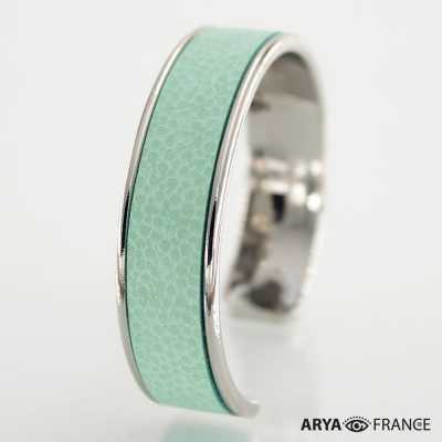 Bracelet Vert pistache - finition rhodié - cuir EPV de luxe taurillon grainé galuchat