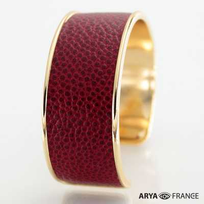 Bracelet Rouge Bordeaux - finition doré - cuir EPV de luxe taurillon grainé galuchat