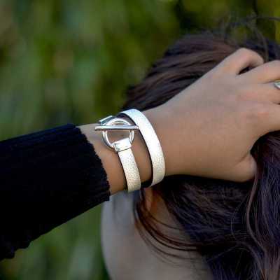 Bracelet réversible cuir double tour couleur gris perle