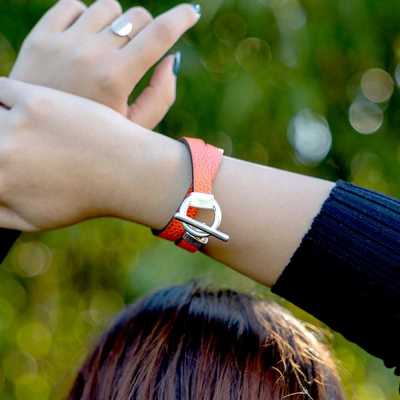 Bracelet réversible cuir double tour couleur orange