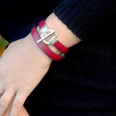 Bracelet réversible cuir double tour couleur rouge bordeaux