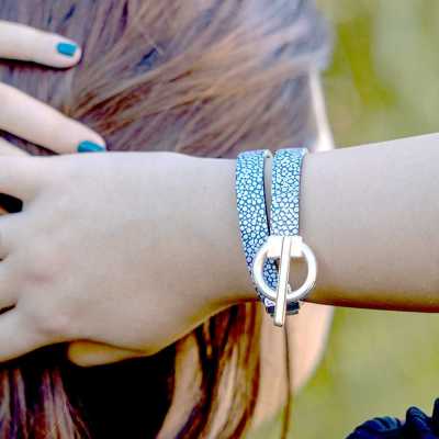 Bracelet réversible cuir double tour couleur marine argent