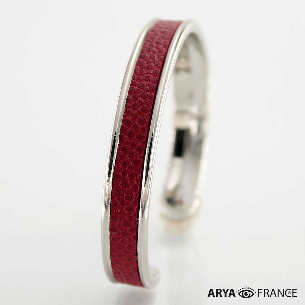 Bracelet Rouge Bordeaux -finition argenté rhodié - cuir grainé galuchat