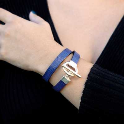 Bracelet réversible cuir double tour couleur bleu océan