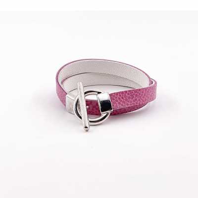 Bracelet réversible cuir double tour couleur rose hortensia et blanc