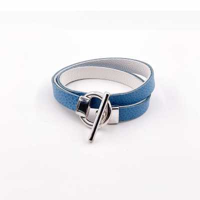 Bracelet réversible cuir double tour couleur bleu arctique et blanc