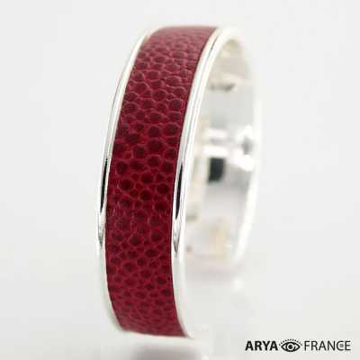 Bracelet Rouge Bordeaux -finition argenté rhodié - cuir grainé galuchat