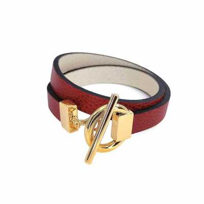 Bracelet réversible cuir double tour couleur rouge bordeaux et poudre