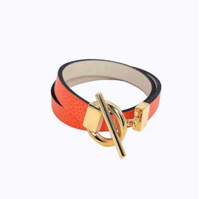 Bracelet réversible cuir double tour couleur orange et poudre