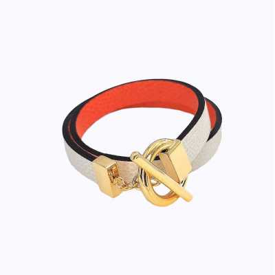 Bracelet réversible cuir double tour couleur poudre et orange