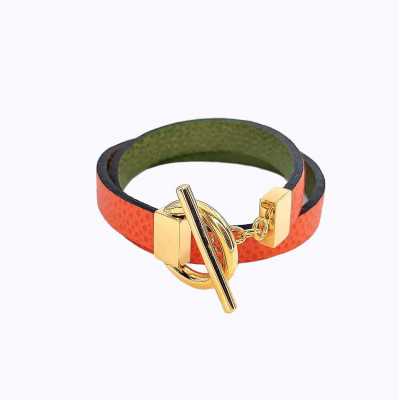 Bracelet réversible cuir double tour couleur orange et vert laurier
