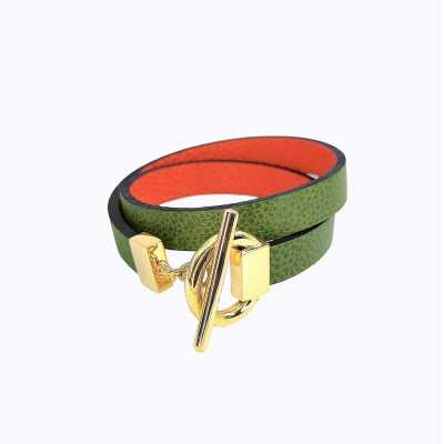 Bracelet réversible cuir double tour couleur vert laurier et orange