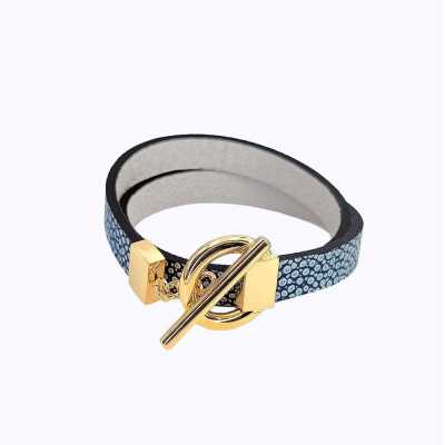 Bracelet réversible cuir double tour couleur marine argent et gris perle