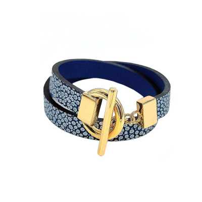 Bracelet réversible cuir double tour couleur marine argent et bleu océan