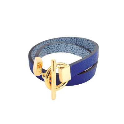 Bracelet réversible cuir double tour couleur bleu océan et marine argent