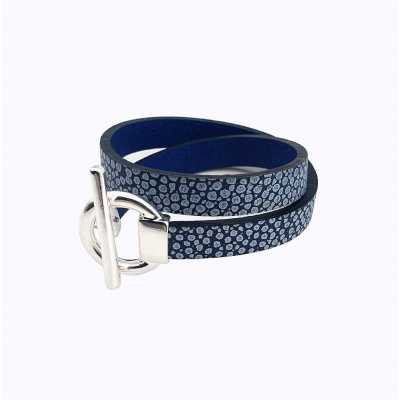 Bracelet réversible cuir double tour couleur marine argent et bleu océan