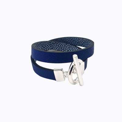 Bracelet réversible cuir double tour couleur bleu océan et marine argent