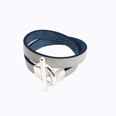 Bracelet réversible cuir double tour couleur gris perle et marine argent