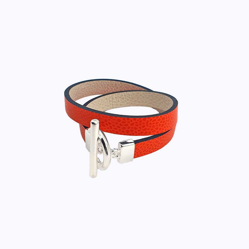 Bracelet réversible cuir double tour couleur orange et poudre