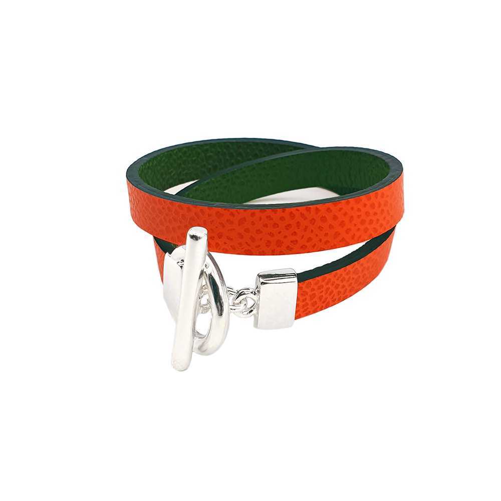 Bracelet réversible cuir double tour couleur orange et vert laurier