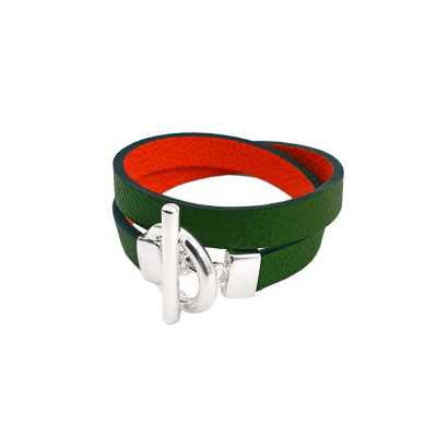 Bracelet réversible cuir double tour couleur vert laurier et orange