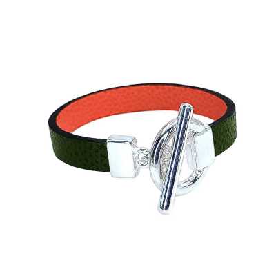 Bracelet réversible cuir simple tour couleur vert laurier et orange