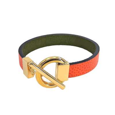 Bracelet réversible cuir simple tour couleur orange et vert laurier