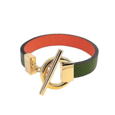 Bracelet réversible cuir simple tour couleur vert laurier et orange
