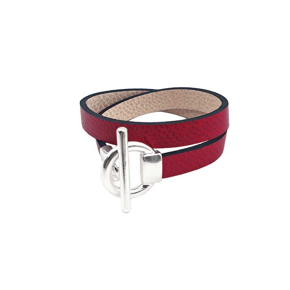 Bracelet réversible cuir double tour couleur rouge bordeaux et poudre