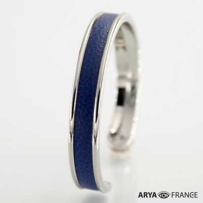 Bracelet Bleu Marine - finition argenté rhodié - cuir EPV de luxe taurillon grainé galuchat